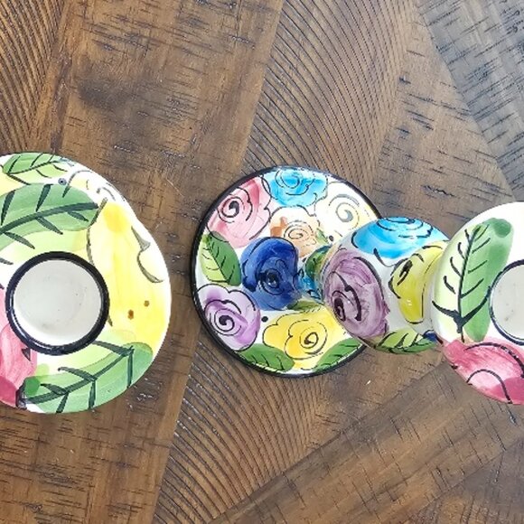 2 Tapered Candlesticks Candle Holders Made in Portugal Floral Flower Painted - Picture 3 of 4